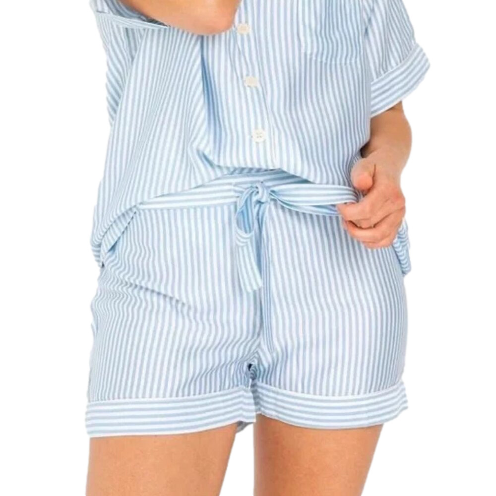 ETTITUDE Blue white striped Sateen Pajama Shorts with Drawstring and Dust Bag